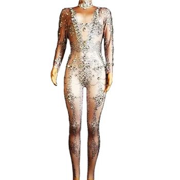 Moda Incrustate Cu Pietre Nud Spandex Femei Combinezoni Club De Noapte Cântăreț Dansator De Performanță Arată Uzura Ziua Balului Costume