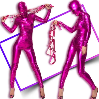 3D Elastic Salopeta Cosplay Gogo Costume de Trandafir Roșu Strălucitor Piele Sclavie Centura Salopeta Dans Pol Haine Clubwear XS4662