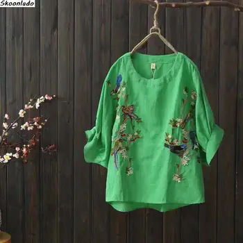 Brodate Florale Și lenjerie de Bumbac T-Shirt pentru Femei Culoare Solidă 2022 Vara Noi cu Mânecă Scurtă, Lenjerie de Sus Vrac Doamnelor T-Shirt