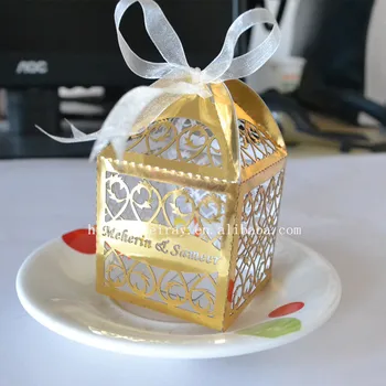 laser cut favoarea cutii,decorare nunta de aur,nunta cutie de bomboane de aur
