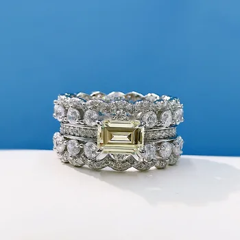 Noi S925 Argint Inel cu Diamant Galben Încrustat Lux Geometrice Rând Dublu Full Inel cu Diamant Bijuterii Femei 5A Zircon