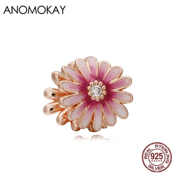 Anomokay Clasic Romantic Enamle Luciu de Flori a Crescut de Culoare de Aur Farmec se potrivesc Bratara & Brățară 100% 925 Floare Bijuterii Șirag de mărgele