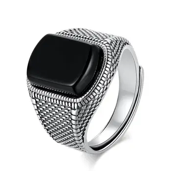 New silver original geometrice incrustate cu agat negru mare dominator exagerat inel de nișă design bărbați deschidere reglabil bijuterii