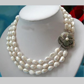 Perle unice Magazin de bijuterii 3row 7-9mm Alb Baroc de apă Dulce Colier de Perle de Cultură de Bijuterii Fine Femei Cadou