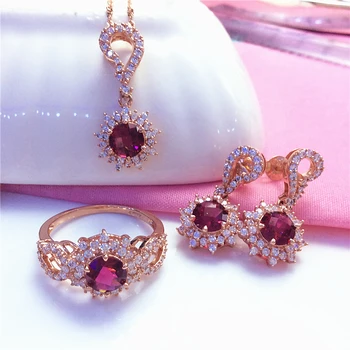 585 violet Placat cu aur de 14K Aur a Crescut Lanț de Rubin Set colier cercei pentru femei inele de nunta de lux de logodna bijuterii