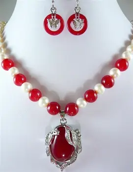 mai nobile 8MM jad rosu-alb 7-8MM colier de perle + set cercei 18