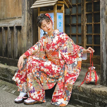 Chimono tradițional Japonez Rosu Inchis Yukata Sentiment Haine Cu Obi Halloween Cosplay Fete Dress