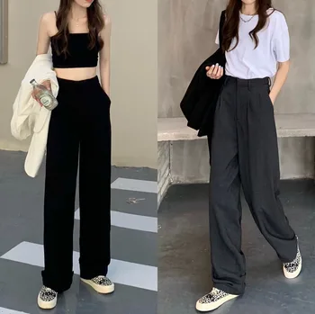 Toamna Femei Butonul Design De Înaltă Talie Pantaloni Drepte Casual Pantaloni Largi Picior Streetwear Coreean Pantaloni Uzura De Muncă Doamnă Birou