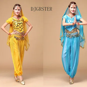 DJGRSTER Costume Indiene Costume de Burtă de Dans de Top+fusta+talie lanț+voal+lanț de mână 5pcs/Set Pentru Femei costum de bellydance