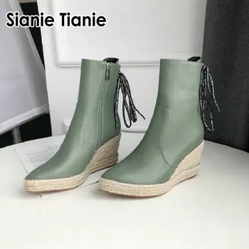 Sianie Tianie 2020 iarna verde fildeș spate cu fermoar platforme espadrile pene tocuri inalte pantofi femeie a subliniat toe glezna cizme