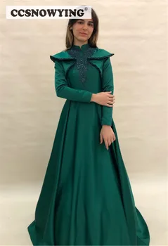 Satin Aplicatii Maneca Lunga Islamic Rochie De Seara Gât Înalt Hijab Musulman Formale Rochie De Petrecere Arab Dubai Caftan Robe De Soirée