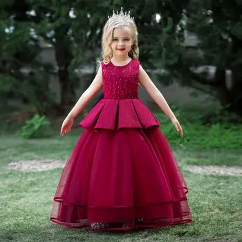 Prima Împărtășanie Dantela Printesa-Linie Roșie Fata Rochie de Nunta Copil de Seara Lungi Elegante, Rochie de Petrecere Costum Copii Rochie pentru Fete