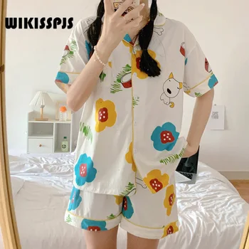 WIKISSPJS Versiunea coreeană Dulce și Minunat de Desene animate cu Mânecă Scurtă, pantaloni Scurți Subțire Haine de Acasă de Două Bucata Costum de Pijama pentru Femei Pijamale