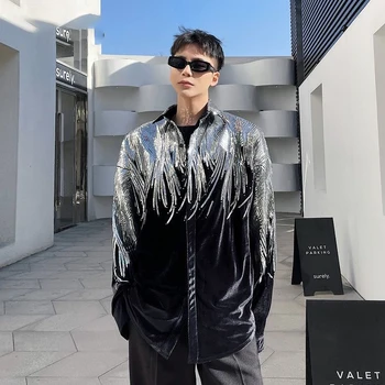 2022 Broderie cu Paiete, Catifea Temperament Modă pentru Bărbați Camasi cu Maneci Lungi Rever Design Personal Supradimensionate Topuri