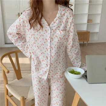 Bumbac Pijama Lovely Îmbrăcăminte Costum Cu Maneci Lungi De Primăvară Homewear Imprimare Florale Vrac Kawaii Moale Set De Două Piese Coreean Homewear