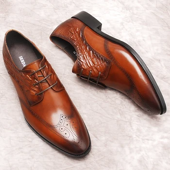 Barbati Pantofi Oxford Reale de Vacă din Piele de Crocodil, Model Om de Pantofi Pentru Rochie Casual Maro Negru Dantelă-Up de Nuntă pentru Bărbați Pantofi eleganți