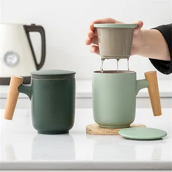 Ceramică mată de uz casnic birou mâner de lemn grosier ceramice personal cana cu capac filtru de ceai de separare pentru prepararea de ceai ceașcă