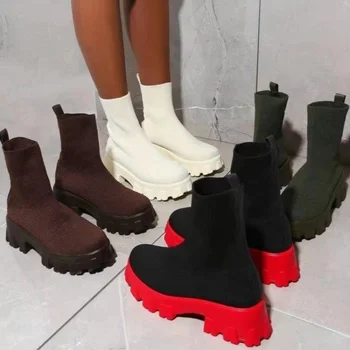 Zapatos de mass-media cana con plataforma para mujer,botas femele de tela elástica,informales,con plataforma,rojo depunto,botines