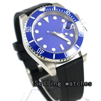 40mm PARNIS bărbați ceas cadran albastru luminos de sticlă de safir curea din cauciuc mișcarea Automată încheietura ceas pentru bărbați