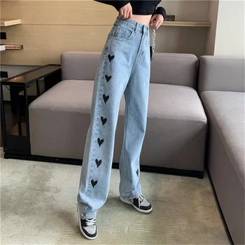 Femei De Moda Harajuku Pantaloni Drepte 2021 Talie Mare Inima De Imprimare Blugi Largi Picior Pantaloni Din Denim Albastru Streetwear Vintage De Calitate