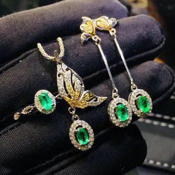 Unic măiestrie design nou de argint încrustat plin de diamant oval smarald costum fluture colier cercei doamnelor inel deschis