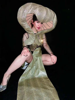 Moda Paiete Stralucitoare Sexy Femei Split Rochie Frizură Pălărie Show Costum De Scena Rave Festival Petrecere Îmbrăcăminte Travestit Purta