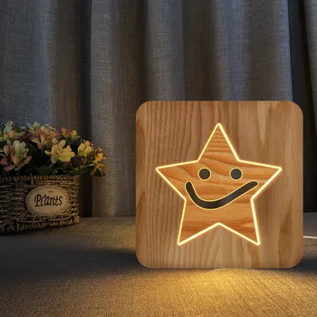 Cadouri pentru copii Smiley Stele Artizanat din Lemn 3d Led Veioza Lumina Alb Cald Usb Masă Lampă de Birou pentru Acasă Decorare Dormitor