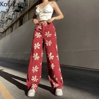 Koijizayoi Retro Femei de Înaltă Talie Pantaloni Largi Picior de Moda Tipărite Blugi Streetwear Hip Hop stil BF Largi Largi Pantaloni Drepte