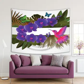 Tapiserie Cu Flori De Orhidee Plante Tropicale Frunze De Pasăre Fluturi Distracție Colorat Opera De Arta Imprimate Fuchsia Verde Violet