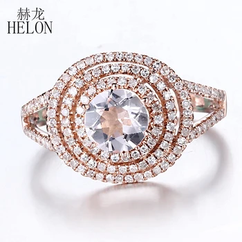 HELON Solid 14K Aur roz Rotund 6mm Natural Veritabil Morganite Diamante de Logodna Inel de Nunta pentru Femei Bijuterii Fine Inel cu Diamant