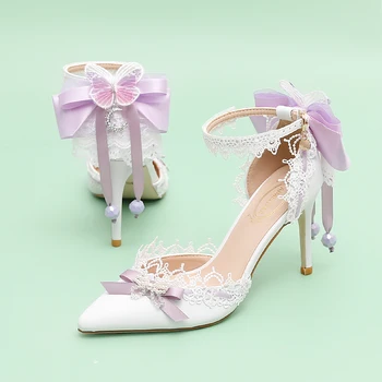 Fete Pantofi de Mătase Violet Arc Sifon Dantela Violet Bowknot Subliniat Flori, domnișoară de Onoare Pantofi pentru Femei-Un Cuvânt Gol Sandale cu Toc Înalt
