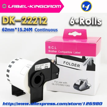 6 Role Generic DK-22212 Eticheta 62mm*15.24 M Continuu Compatibil pentru Imprimanta Brother QL-570/700 Toate Includ Suport din Plastic
