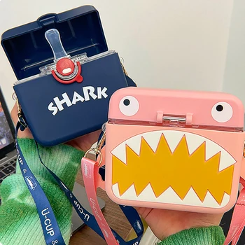 Copil drăguț cana de apa amuzant rechin forma paie suzeta sticla cu coarda grădiniță excursie portabil poate transporta fierbător copil cadou