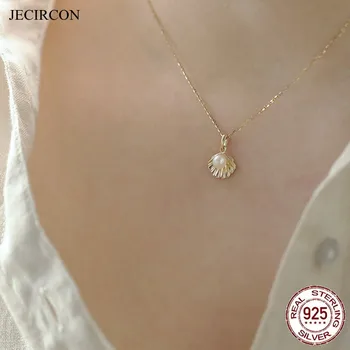JECIRCON uri Simple de apă Dulce Pearl Shell 925 în formă de Lanț de Argint Colier Placat cu Aur 14k Clavicula Colier Bijuterii