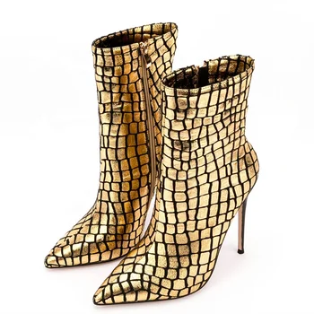 Bareta de Aur Piatră de Imprimare Subțire Toc Înalt Cizme Scurte pentru Femei Personalizate de Dimensiuni Mari 47 Fermoar Lateral Cizme Glezna Pantofi