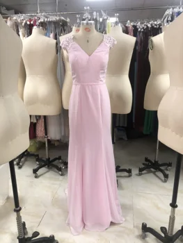 Abia șifon Roz dantelă lung rochie de domnisoara de onoare 2022 V-neck diferite de frumos luckgirls mocini croitor-a Rupt cod la vanzare