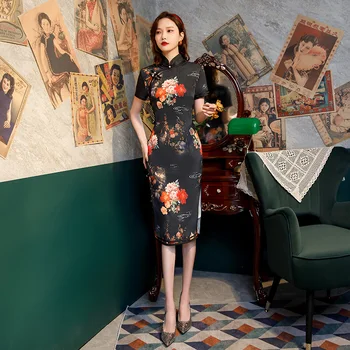 Negru de Femei Elegante Qipao Chineză Tradițională Plus Size Floral Rochie Lunga Casual de Toamna Nunta Petrecere de Seara Cheongsam dressup