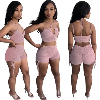 2021 Moda De Vara Noi Sexy Rochie Fără Mâneci Design De Crossover Bretele De Culoare Solidă V Adânc Gât Spate Cu Fermoar Din Doua Piese Pantaloni Scurti Femei
