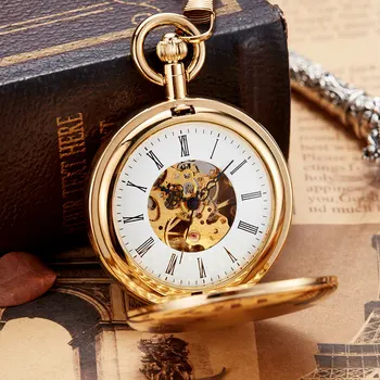 De lux, Aur, Cupru Mecanic de Buzunar Ceas de Mână Ceas de Lichidare Fob Lanț Ceas Barbati Numere Romane Schelet Reloj de bolsillo