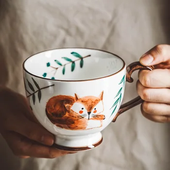 400ml de Epocă Mână-pictat Ceramica Cana de Animale de Pădure Cani de Cafea cu Mâner de uz Casnic de Flori Ceașcă de Ceai Vulpea Pisica Arici Cupe