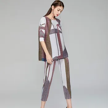 Gâfâi Costume Pentru Femei 45-75 kg Vara Geometrice Imprimate Gât Vrac Top + Elastic Talie Miyake Pantaloni Cutat Set