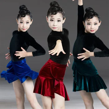 Noi catifea Dans latino seturi Pentru Fete Copil Salsa, Tango, Dans Concurență Rochie Costum Copii care Practica Dansul Haine