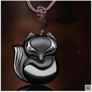 Naturale Obsidian Sculptate Manual Fox Norocos Lanț Pandantiv Amuleta