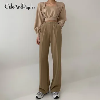 Vintage Harajuku Înaltă Talie Pantaloni Drepte De Moda De Sex Feminin Coreeană Streetwear Casual, De Culoare Kaki, Costum Solid Pantaloni Retro Cuteandpsycho