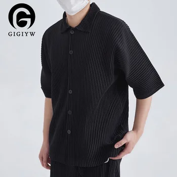 GIGIYW Cutat Bărbați Reședință Primavara-Vara Vara Neagră Verde Vrac Rever Tricou cu Dungi Guler Camisa Barbati Designer