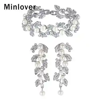 Minlover Culoare Argintie, Frunze de Cristal Cercei Bratara de Mireasa Seturi de Bijuterii pentru Femei Simulate Perla Bijuterii de Nunta SL089+EH604