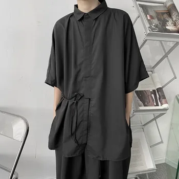Designerul japonez Stil Negru Asimetric cu mânecă Scurtă, Cravată Supradimensionat Tricou Pentru Bărbați Și Femei Cu Bat-Cămașă cu mâneci Sus