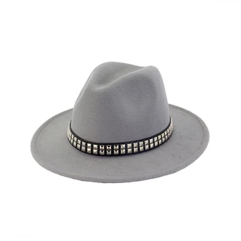 A salutat Femei Bărbați de Lână Simțit Fedoras Pălărie cu Nituri Centura Doamna Margine Plat Jazz Pălărie de Partid Formal Trilby Hat Top 12 Culori GH-440