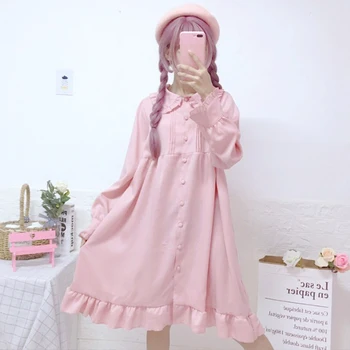Stil japonez Dulce Moale Fata Papusa Guler Mid-Lungime Ciufulit Maneca Lunga Rochie pentru Femei 2021spring Noi Subțire lolita rochie