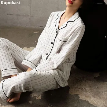 Kupokasi 2 Bucati de Bumbac, Pijamale Femei, Pijamale în Dungi tinutelor Casual de Primavara cu Maneci Lungi Haine de Acasă Pentru Fata